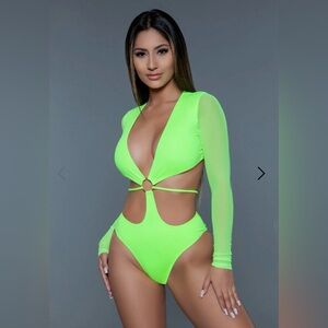 Neon Green Long Sleeve Cutout Swimsuit Small